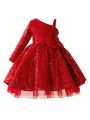 Young Girl'S One Shoulder Butterfly Knot & Sequin Dress