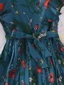 SHEIN Kids SUNSHNE Girls Floral Print Ruffle Trim Pleated Hem Belted Dress