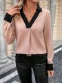 SHEIN Clasi Women's V-neck Texture Contrast Color Shirt