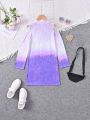 Teen Girls' Casual Sporty Streetwear Ombre Tie-dye English Letter Print High Neck Cold Shoulder Long Sleeve Dress With Waist Bag