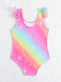 Baby Girls' Cute Mermaid & Unicorn Printed Ombre One-Piece Swimsuit For Summer
