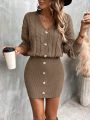 Cable Ribbed Single-breasted Fashionable Sweater Dress