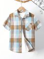 SHEIN Kids Academe Tween Boys' Loose Fit College Style Woven Plaid Short Sleeve Shirt