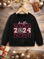 Little Girls' Casual Plus Velvet Round Neck Long Sleeve Sweatshirt With 2024 New Year Pattern, Suitable For Autumn/Winter