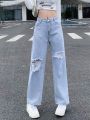Teen Girls' Vintage Street Ripped Wide Leg Jeans, Basic And Relaxed Fitting