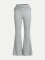 SHEIN Teen Girls' Knitted Ribbed Tunnel Pleated Foldover High Waist Flared Pants