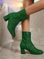 Women's Plus Size Round Toe Sequin Thick Heel Fashion Boots, Winter, Cute Low Tube Boots