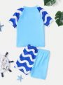 SHEIN Baby Boy Cute Cartoon Pattern Color Block Short-Sleeved Top And Shorts Swimwear Set