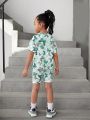 SHEIN Kids Cooltwn Young Girls' Adorable Butterfly Printed Drop Shoulder Top And Shorts Set
