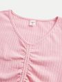 SHEIN Teenage Girls' Knitted Solid Color Hollow Out And Ruched T-shirt 2pcs/set