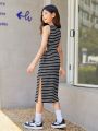 SHEIN Kids EVRYDAY Girls' Striped Knit Sleeveless Bodycon Casual Dress With Round Neckline