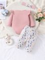 SHEIN Baby Girl Pink Cute Kitten Pattern Romper With Headband & 3d Bowknot, Colored Leopard Print 3pcs Home Outfits