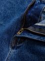 SHEIN Teen Boys' Deep Blue Distressed Frayed Hem Denim Jeans With Abrasion