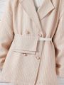 SHEIN Kids EVRYDAY Big Girl's Lapel Double-breasted Coat With Belt Bag