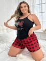 Plus Size Love You & Letter Printed Cami Top And Gingham Shorts Pajama Set