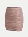 SHEIN Teen Girls' Knit Solid Color Mesh Pleated Casual Skirt