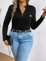 SHEIN Privé Plus Size Women's Half Placket Zipper Long Sleeve T-shirt