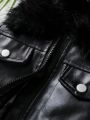 Little Girls' Cool Faux Leather Jacket With Furry Collar For Autumn