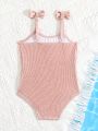 Infant Girls' Summer Swimwear With Unique Pebble Stripe Fabric And Little Bow Decoration