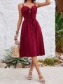 Women's Solid Color Front Buttoned Knot Detail Spaghetti Strap Dress