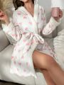 Heart Print Contrast Fuzzy Trim Belted Robe