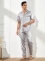 Men Contrast Piping Button Front Satin Pajama Set