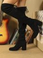 Women's Fashionable Black Slim-fit High Boots With Bowknot Detail