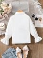 SHEIN Kids Nujoom Little Girls' Ruffle Trimmed Button-front Long Sleeve Shirt With Embellishments Suitable For Autumn And Winter