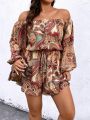 SHEIN LUNE Plus Size Women's Botanical Printed Off-shoulder Romper Shorts With Lantern Sleeves