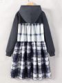 SHEIN Kids Cooltwn Girls' Casual Hooded Sweatshirt Dress With Plaid Patchwork Design