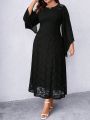Plus Solid Bell Sleeve Lace A-line Dress