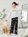 SHEIN Teen Girls' Letter & Butterfly Print T-shirt And Long Pants Home Wear