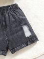 Baby Girl Casual Mesh Patchwork Embroidery Tank Top And Denim Print Shorts Set
