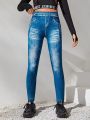 SHEIN Teenage Girls' Knitted Printed Denim-Look Sport Pants