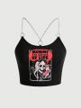 Eduely Women's Skull & Slogan Printed Metal Chain Camisole Top