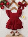 2pcs Baby Girls' Romantic Ruffled Dress With Headwear, Jumpsuit Style