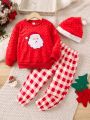 SHEIN Kids QTFun Young Girl Christmas Print Sweatshirt & Buffalo Plaid Pants & Hat
