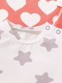 SHEIN Newborn Baby Girls' Heart Shaped & Round Collar Tops And Pants, Star Shaped & Round Collar Tops And Pants Homewear 4pcs/Set