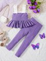 SHEIN Kids FANZEY Little Girls' Cute Bow Knot Decor Color Block Frill Strap Tank Top With High Slit Pants Two Piece Set