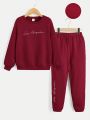 SHEIN Kids EVRYDAY Boys' Comfortable Casual Letter Printed Fleece-lined Two Piece Set, Winter