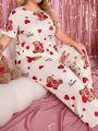Plus Size Women'S Heart-Shaped Bear Printed Short-Sleeved Pyjama Set