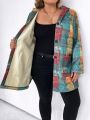 SHEIN LUNE Plus Size Color Block Grid Pattern Hooded Casual Woolen Coat