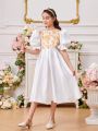 SHEIN Kids FANZEY Tween Girls' Round Neck Floral Patchwork Dress With Exaggerated Puff Sleeves