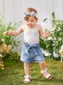 Baby Girl's Basic Casual Vacation Style Light Blue Washed Denim Shorts With Flower Embellished Waistband, Pockets And Belt Loops