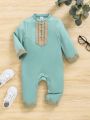 SHEIN Baby Boy Satin Patchwork Golden Lace Long Sleeve Jumpsuit