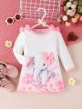 SHEIN Baby Girl Elephant Print Bow Front Contrast Binding Tee Dress