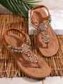 Women's Fashionable Flat Sandals With Beaded Decoration