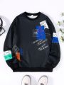 SHEIN Tween Boys Casual Street Style Letter Patch & Print Round Neck Pullover Knit Sweatshirt