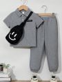 SHEIN Kids EVRYDAY Three-Piece Set For Boys, Casual Solid Color Short-Sleeved Polo Shirt, Knitted Leggings Trousers And Face Crossbody Bag