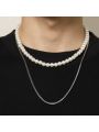 2pcs Chain Faux Pearl Necklace Set Suitable For Men's Daily Wear